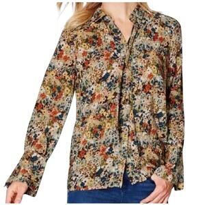 J.Jill large Wheat Painterly tie neck covered button bell sleeve top TLS2 3140